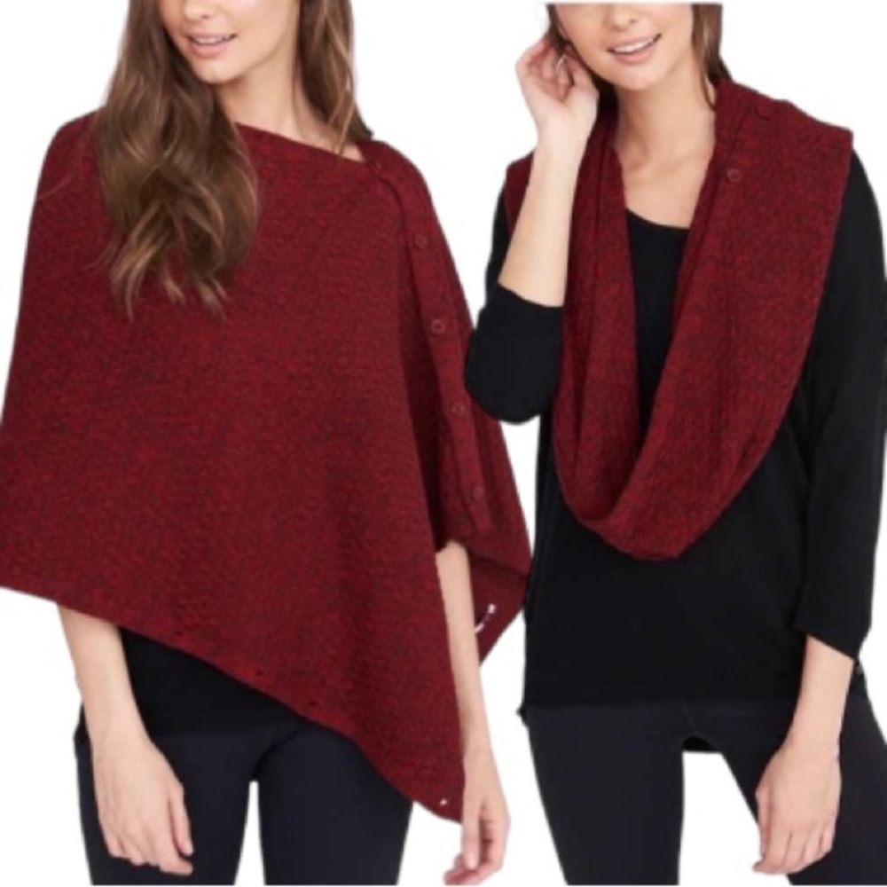 Bench 7 way Scarf wrap 2 sets of buttons & holes 
Sz: OS Burgundy and black knit